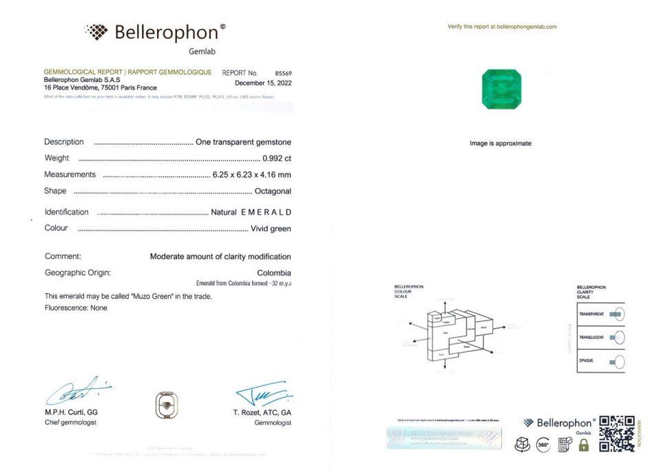 Certificate Bright Colombian emerald 0.99 ct