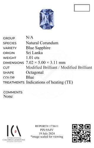 Saphir bleu taille radiant 1,01 carats, Sri Lanka Image №6