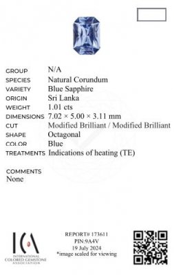 Certificate Saphir bleu taille radiant 1,01 carats, Sri Lanka