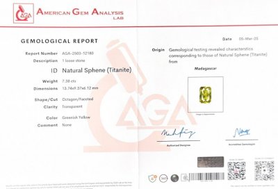 Certificate Sphen grün-gelber im кadiantschliff 7.38 carats, Madagaskar
