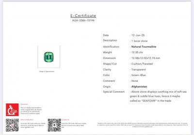 Certificate Grande tourmaline lagon taille coussin 12,35 carats, Afghanistan 