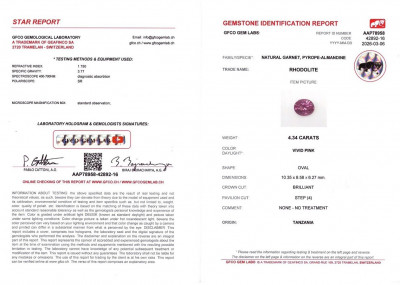 Certificate Rhodolith granat oval geschliffener, leuchtend rosa 4,34 karat,Tansania