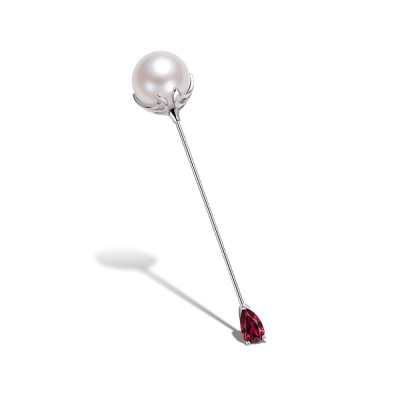 Pin brooch with South Sea pearl and Pigeon's Blood ruby in 18K white gold photo
