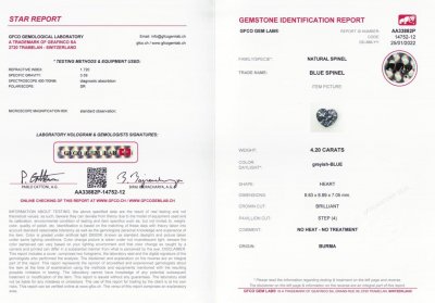 Certificate Burmese blue-grey heart cut spinel 4.20 ct