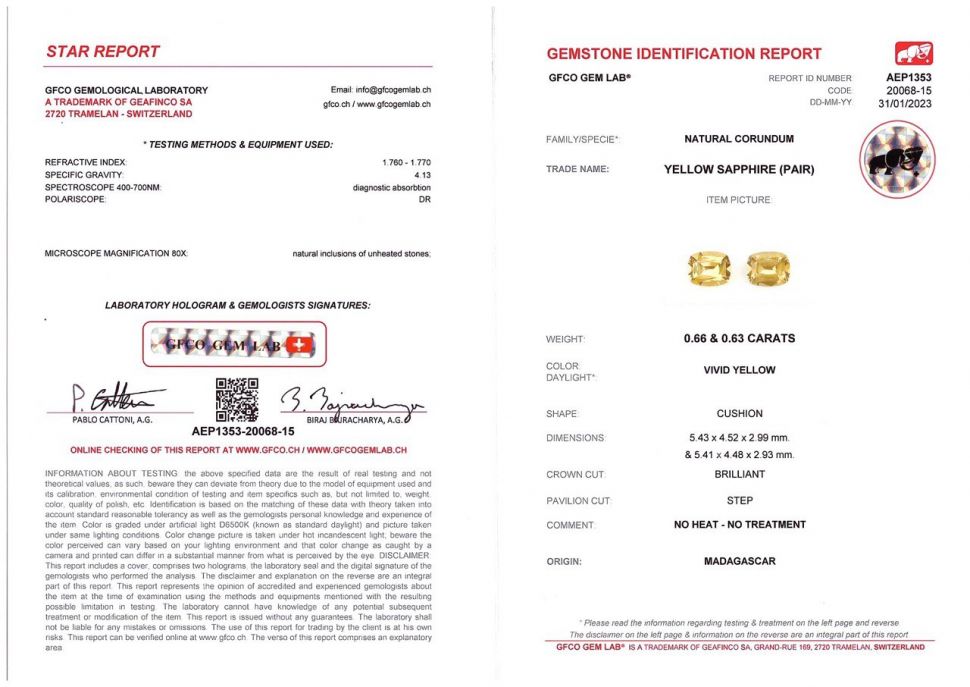 Certificate Pair of unheated lemon yellow sapphires 1.29 ct, Madagascar