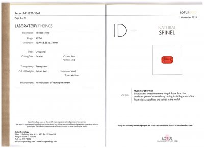 Certificate Spinelle birman taille octogonale rose-rouge vif 5,22 ct