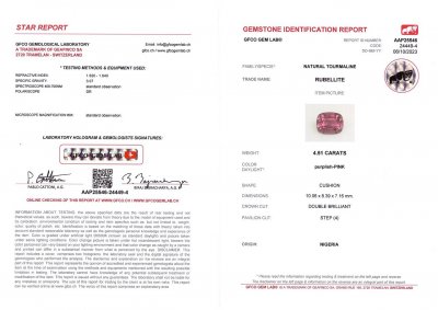 Certificate Rubellite taille coussin rose violet vif 4,51 carats