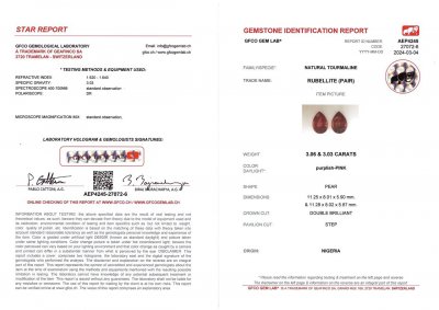 Certificate Paire de tourmalines rubellite de 6,09 carats du Nigeria en taille poire