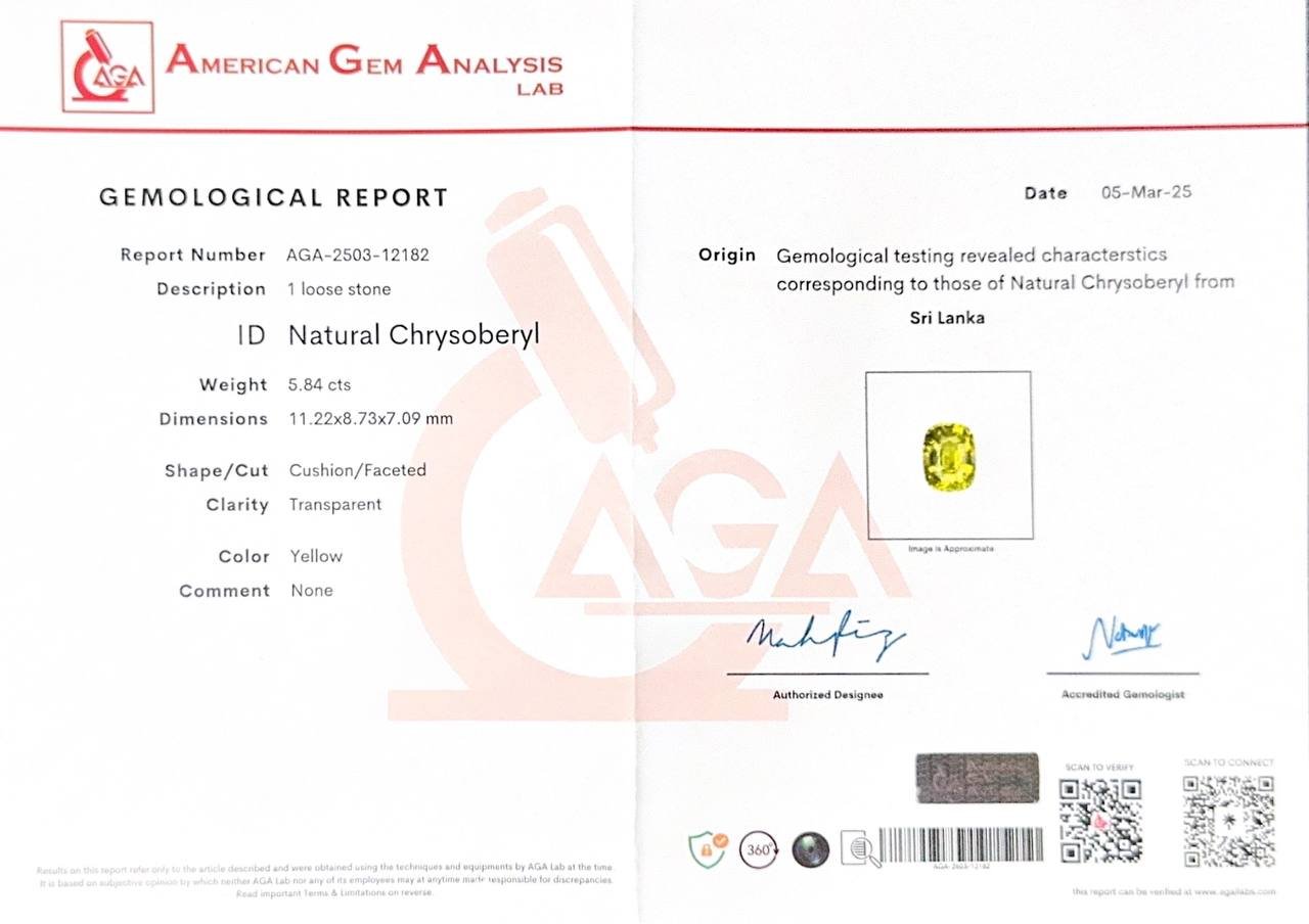 Chrysobéryl jaune taille coussin 5,84 carats, Sri Lanka Image №6