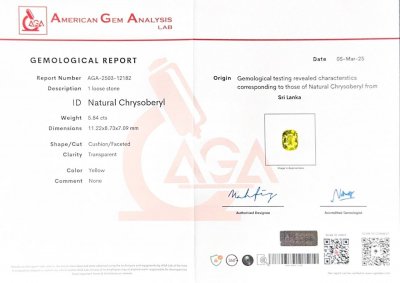 Certificate Chrysobéryl jaune taille coussin 5,84 carats, Sri Lanka