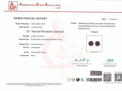 Certificate Paar lila rubellite im rundschliff 7,18 carats, Tanzania