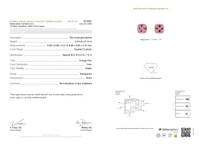 Certificate Une paire de morganites roses taillées en coussin 4,99 carats, Afrique