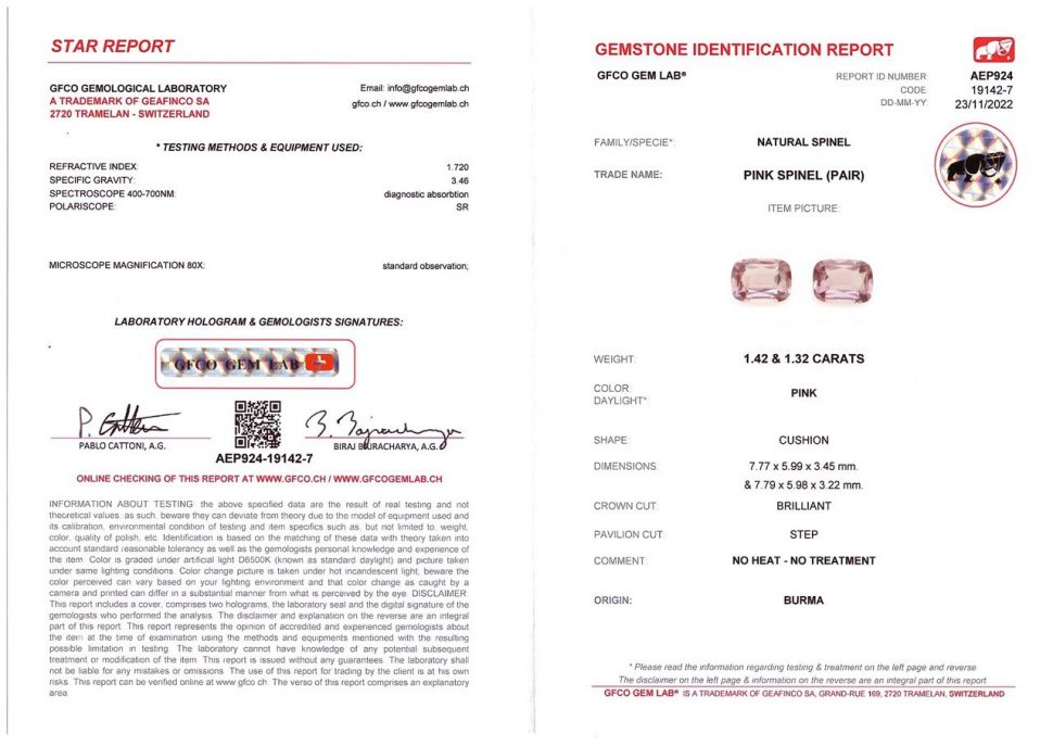 Certificate Pair of purple-pink Burmese spinels 2.74 ct