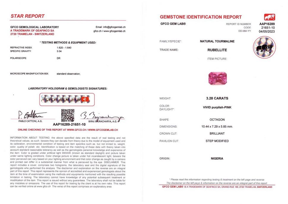 Certificate Rare hot pink radiant cut rubellite 3.28 ct, Nigeria