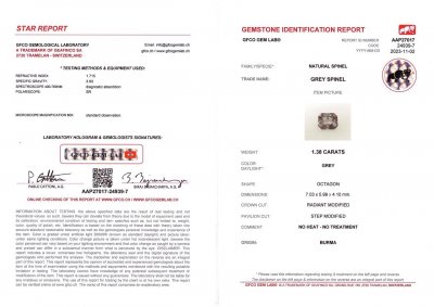 Certificate Grauer Stahlspinell im Strahlenschliff 1,38 ct, Burma