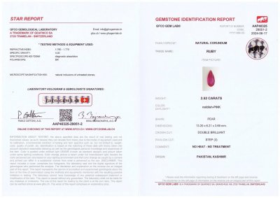 Certificate Rare Pamir unheated pear-cut ruby 2.52 carats, Tajikistan 