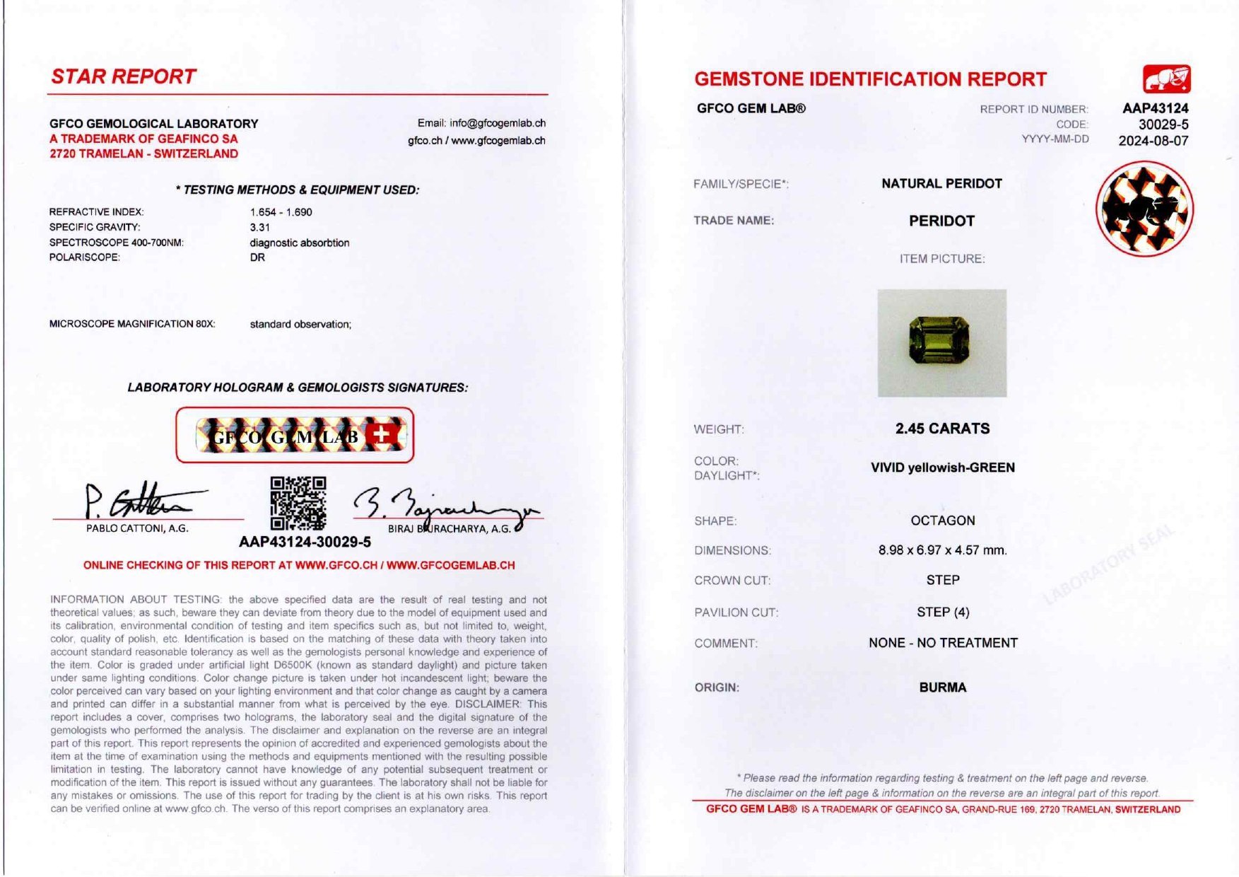 Par de peridotos de Birmania, talla octágono de 4,69 quilates Image №5