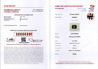 Certificate Par de peridotos de Birmania, talla octágono de 4,69 quilates