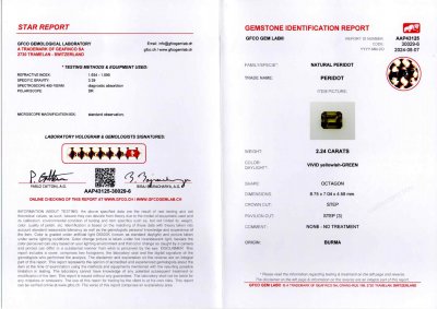 Certificate Par de peridotos de Birmania, talla octágono de 4,69 quilates