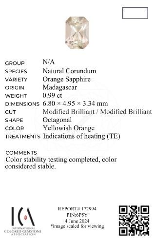 Orange radiant cut sapphire 0.99 carats, Madagascar Image №6