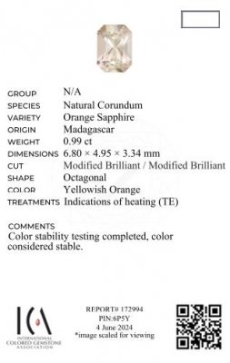 Certificate Orange radiant cut sapphire 0.99 carats, Madagascar