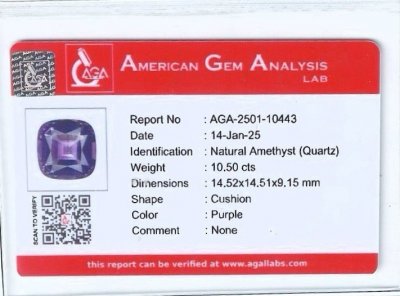Certificate Amatista talla cojín 10,50 quilates, Brasil 