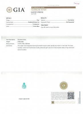 Certificate Blue-green pear cut paraiba tourmaline 2.90 ct, Mozambique GIA