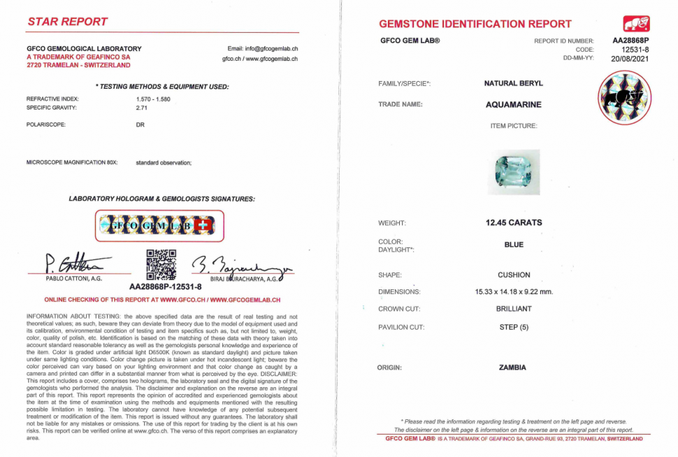 Certificate Intense cushion cut aquamarine 12.45 ct, Zambia, GFCO