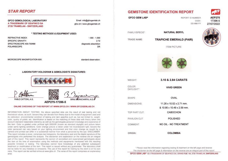 Certificate Pair of intense trapiche emeralds 5.94 ct, Colombia