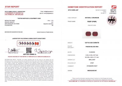Certificate Pair of pigeon blood rubies from Madagascar 1.09 ct
