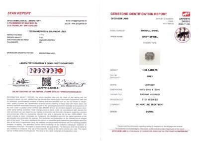 Certificate Spinelle en acier de Birmanie, taille radiant 1,38 carats