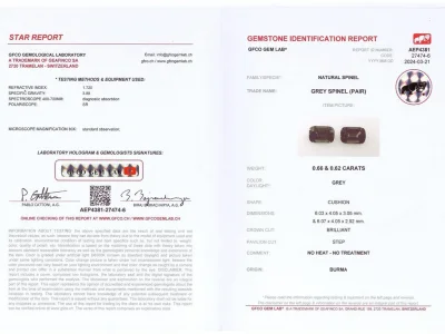 Certificate Paar Stahlspinelle im Kissenschliff 1,28 ct, Burma