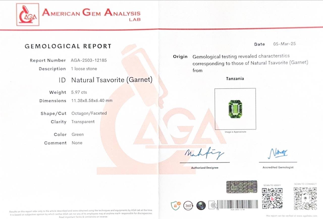 Green tsavorite in octagon cut  5.97 carats, Tanzania  Image №5