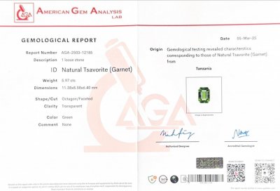 Certificate Green tsavorite in octagon cut  5.97 carats, Tanzania 