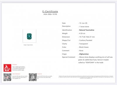 Certificate Turmalina Laguna de talla cojín de 4,23 quilates, Afganistán