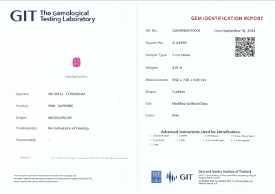 Certificate Unheated pink sapphire cushion cut 4.01 carats, Madagascar 