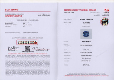 Certificate Saphir Cornflower Blue im radiantschliff 1,12 karat, Sri Lanka