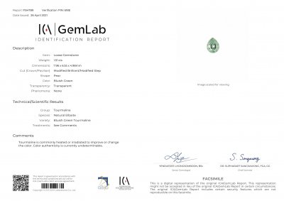 Certificate Blue-green pear cut tourmaline 1.51 ct
