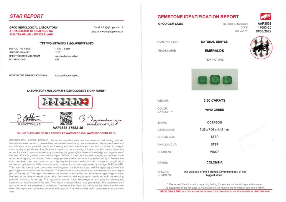 Certificate Set of three Colombian emeralds 3.50 carats