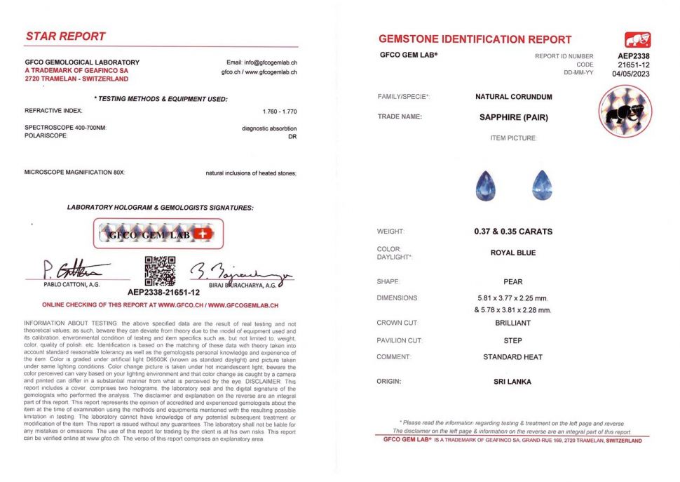 Certificate Pair of intense blue sapphires pear cut 0.72 ct, Sri Lanka