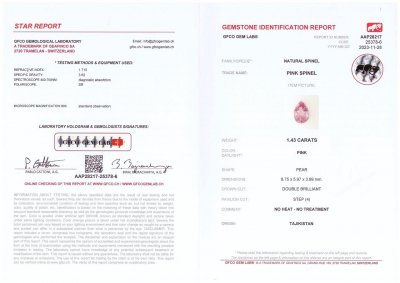 Certificate Spinelle rose-violet du Tadjikistan en taille poire 1,43 carats