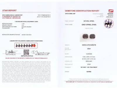 Certificate Pair of dark gray cushion cut spinels 1.63 carats, Burma