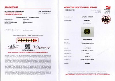 Certificate Par de peridotos de Birmania, talla octágono de 7,70 quilates 