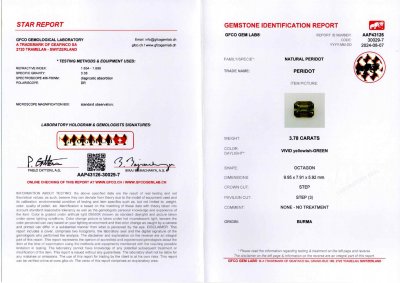 Certificate Par de peridotos de Birmania, talla octágono de 7,70 quilates 