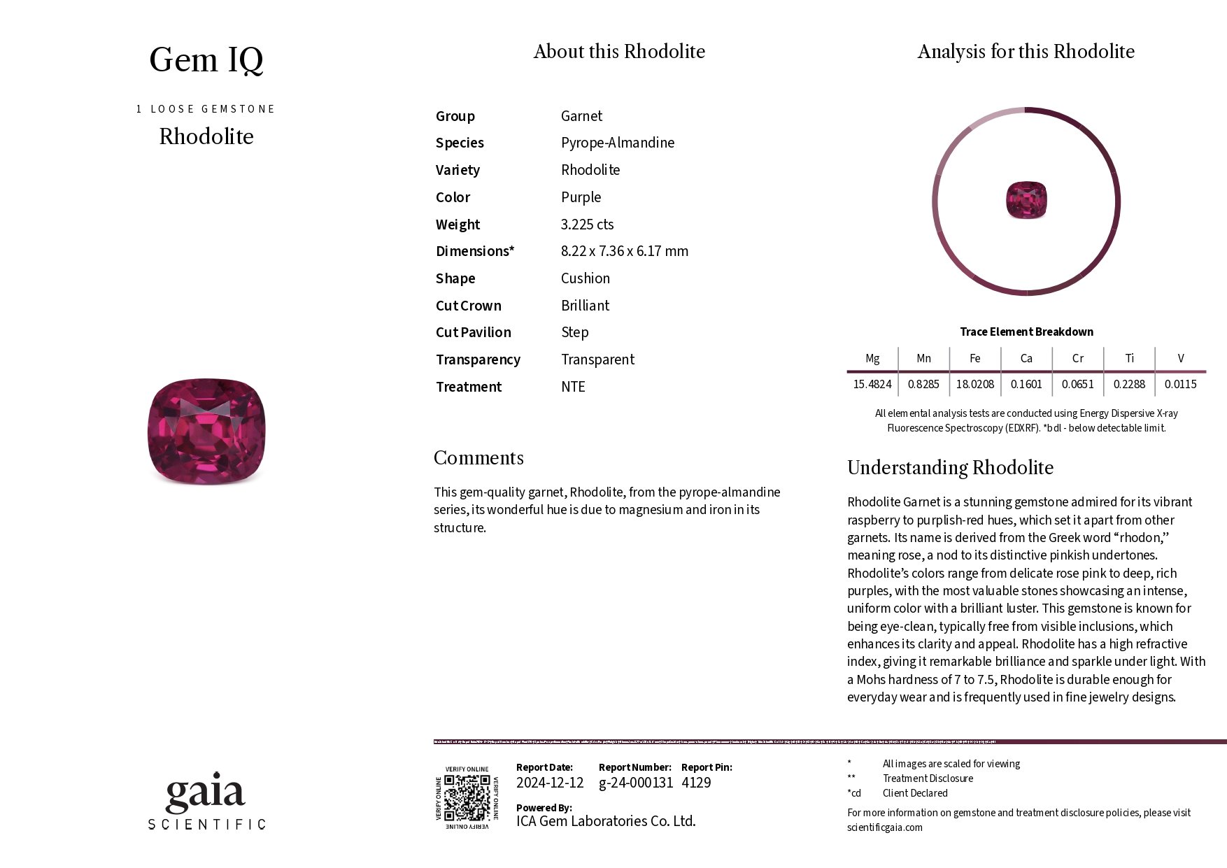 Grenat rhodolite en serti coussin 3,23 carats, Tanzanie Image №6