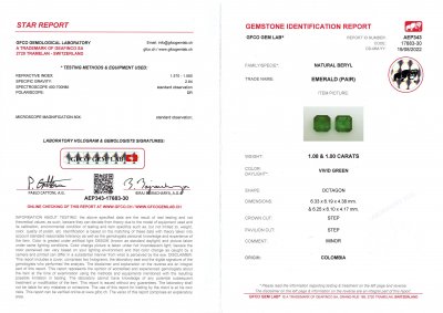 Certificate Pair of octagon cut emeralds 2.08 ct, Colombia