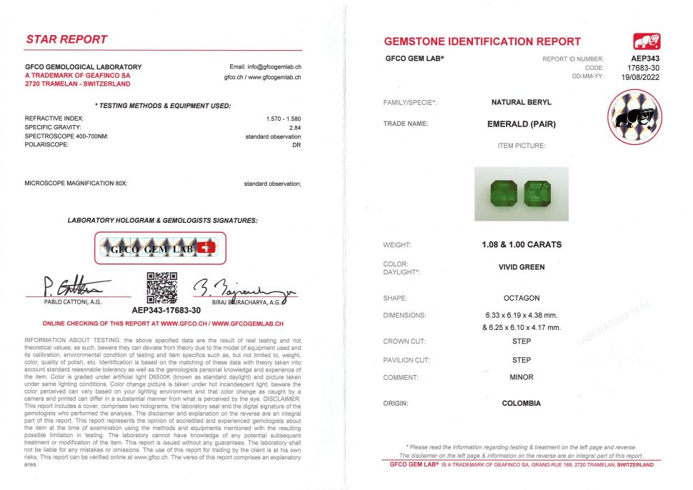 Certificate Pair of octagon-cut emeralds 2.08 ct, Colombia
