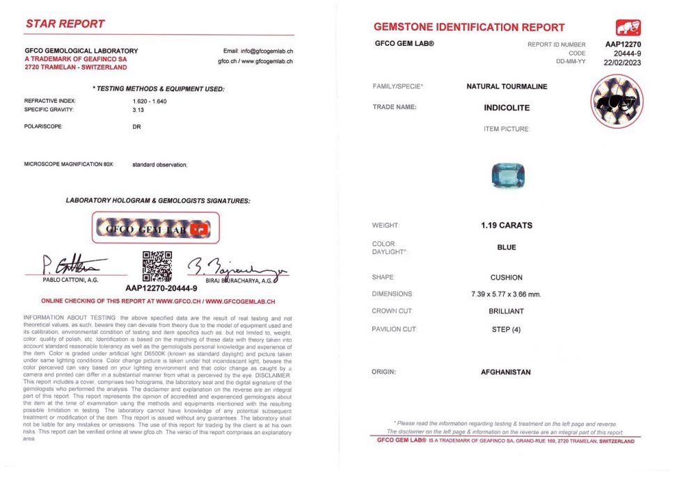 Certificate Bright Lagoon tourmaline 1.19 ct, Afghanistan