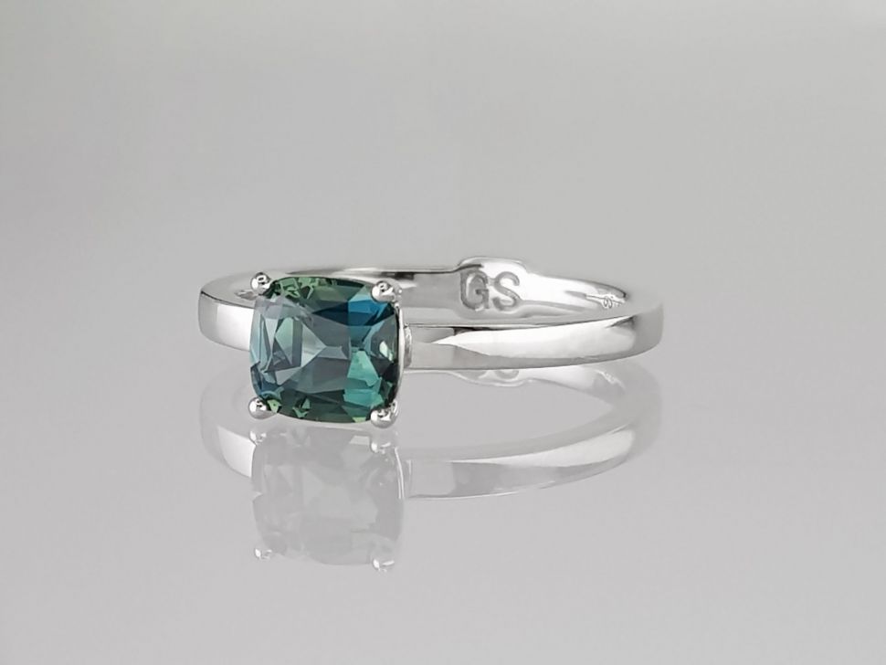 Ring with untreated Teal sapphire 1.28 ct  in 18K white gold Image №2