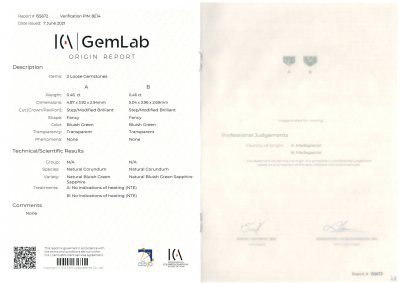 Certificate Paire de saphirs bleu-vert non chauffés 0,92 ct, Madagascar